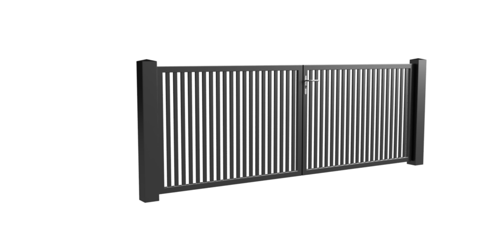 Design poort met strakke lijnen .
Spijlen verticaal .
Ingebouwd RVS slotwerk.
20 mm grondpen.